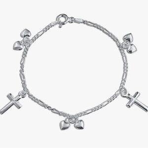 Sterling silver cross heart charm bracelet